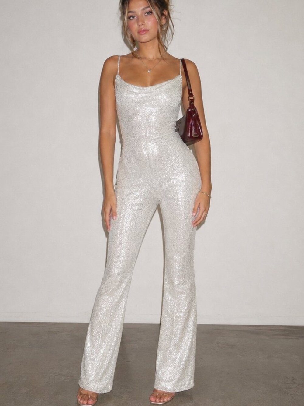 Baltic Born NWT Willett Sequin Jumpsuit Silver XL Wide Leg Drapey Party Cocktail